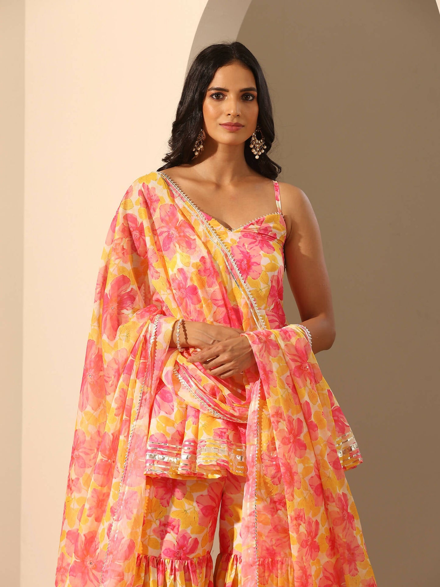 Pomcha Jaipur Yellow Gul Rangrez Sharara Set | Swadesiicart