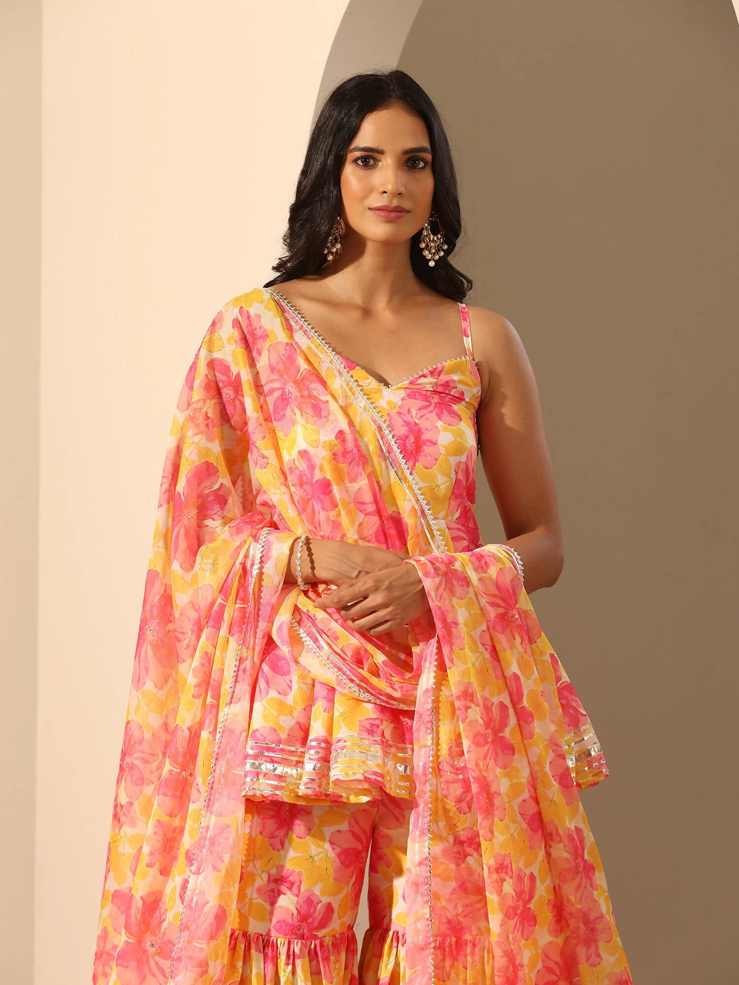 Pomcha Jaipur Yellow Gul Rangrez Sharara Set | Swadesiicart