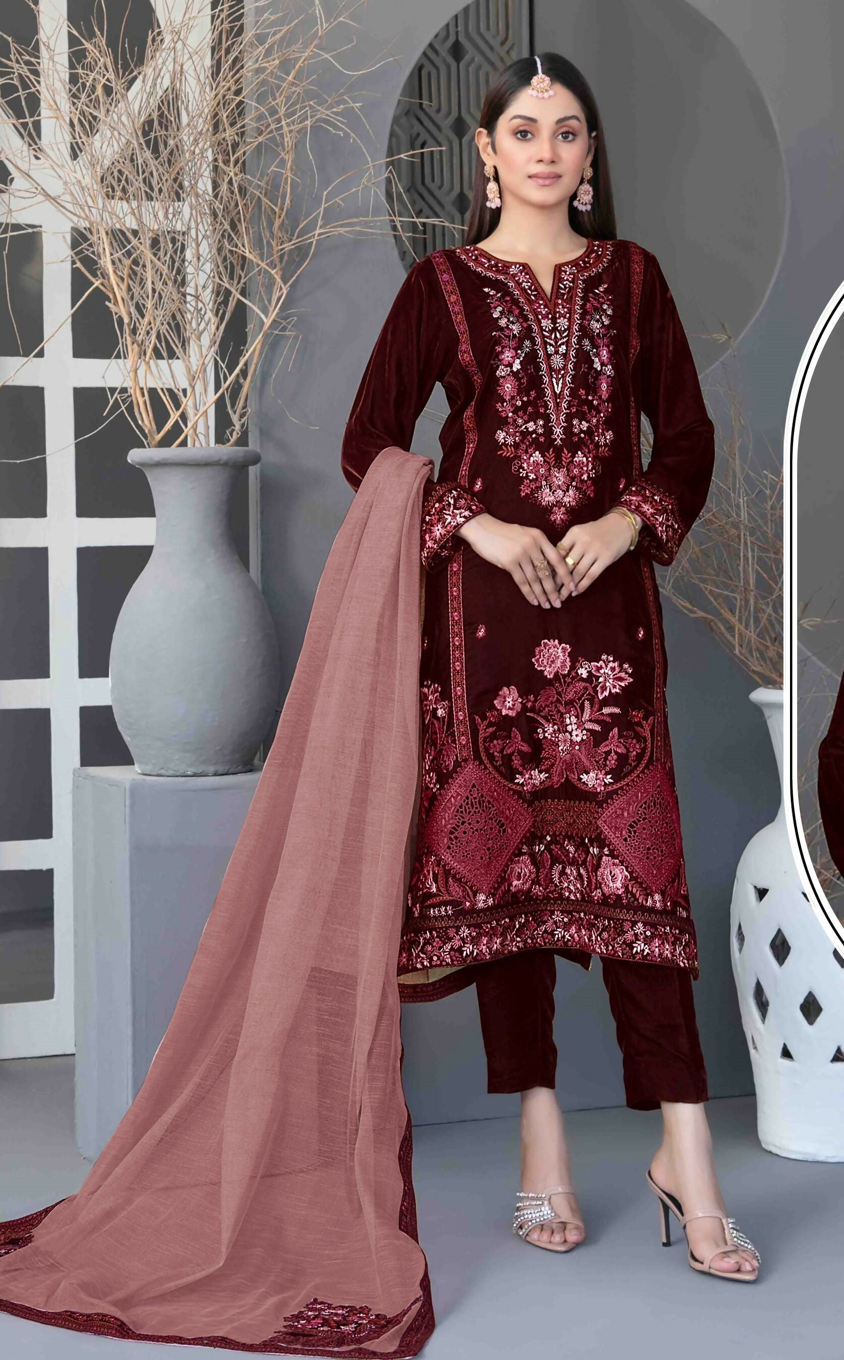 Anaita Maroon Velvet Suit with Embroidery Sequence Work - Swadesiicart