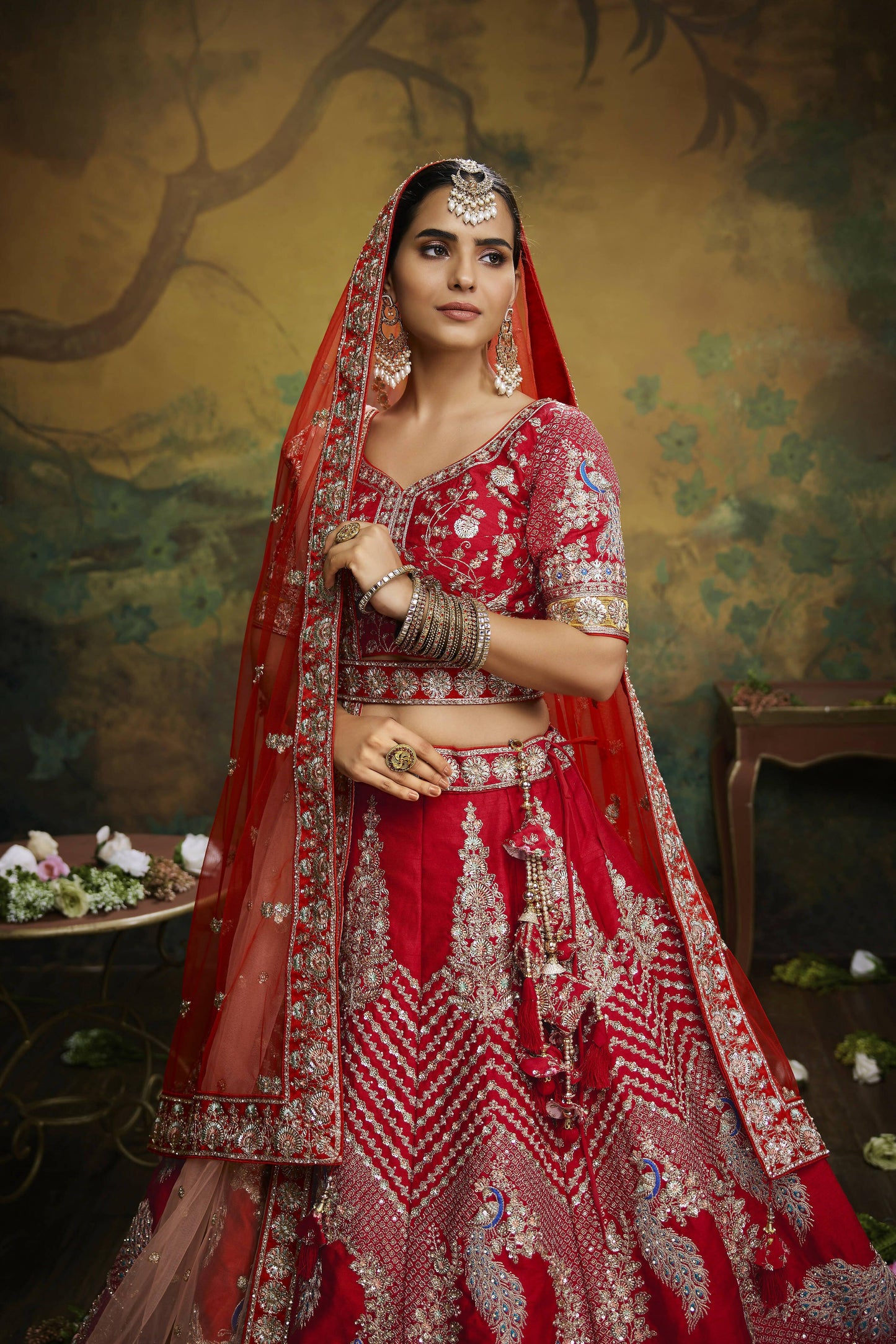 House of Panchhi Red Pure Silk Moti & Zarkan heavy embroidery Lehenga choli & Dupatta | Swadesiicart