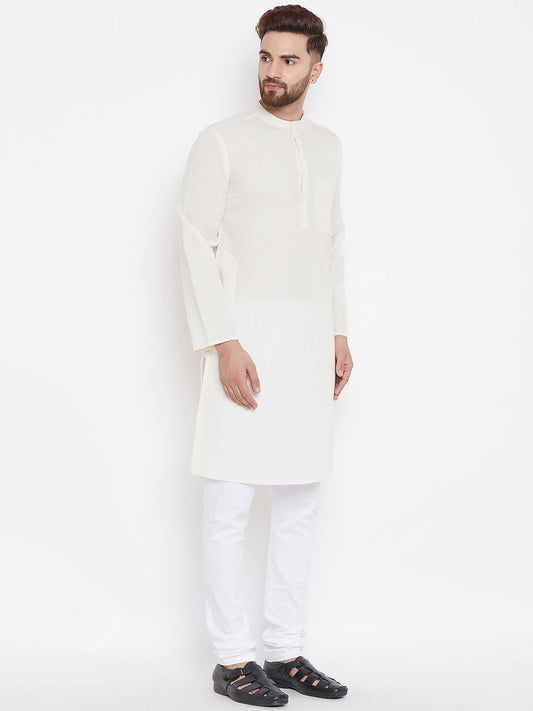 Even Apparels Cream Linen Men's Kurta With Band Collar | Swadesiicart