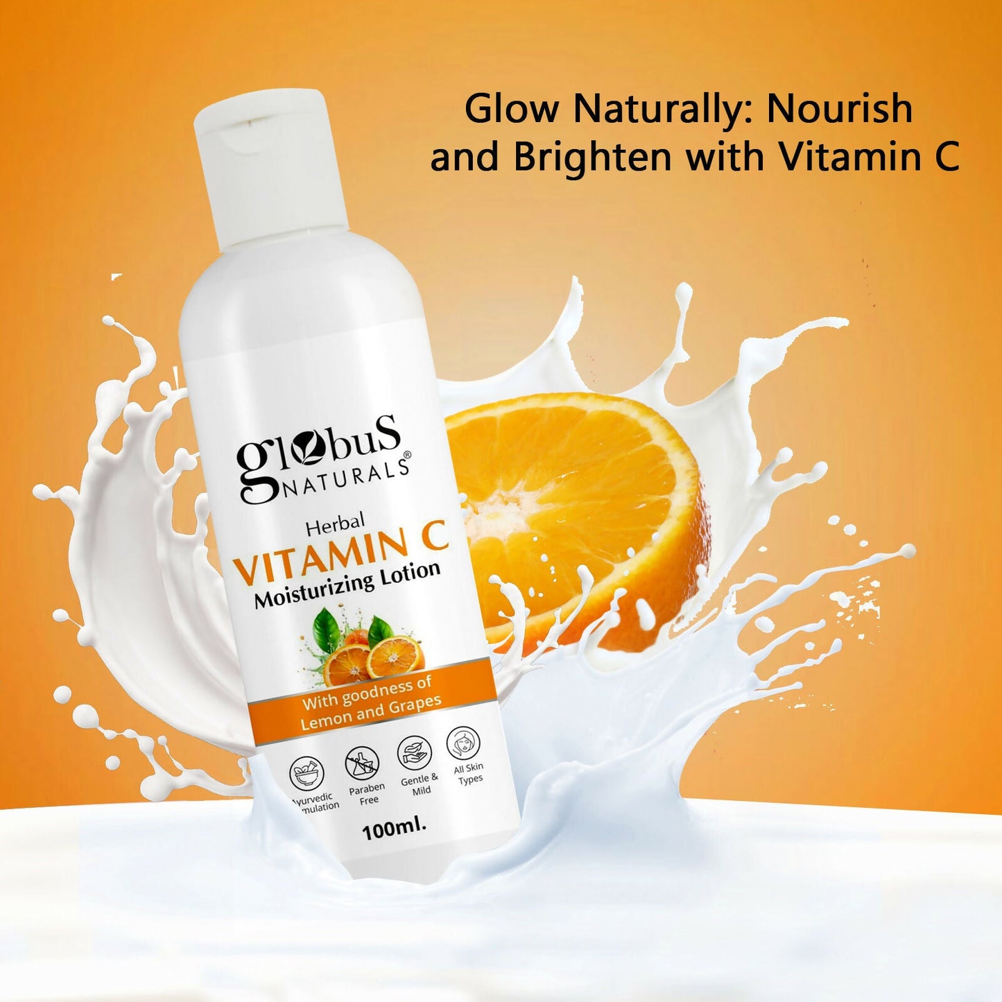 Globus Naturals Herbal Vitamin C Moisturizing Body Lotion For Skin Brightening & Nourishment, Glowing & Youthful Skin, All Skin Types | Swadesiicart