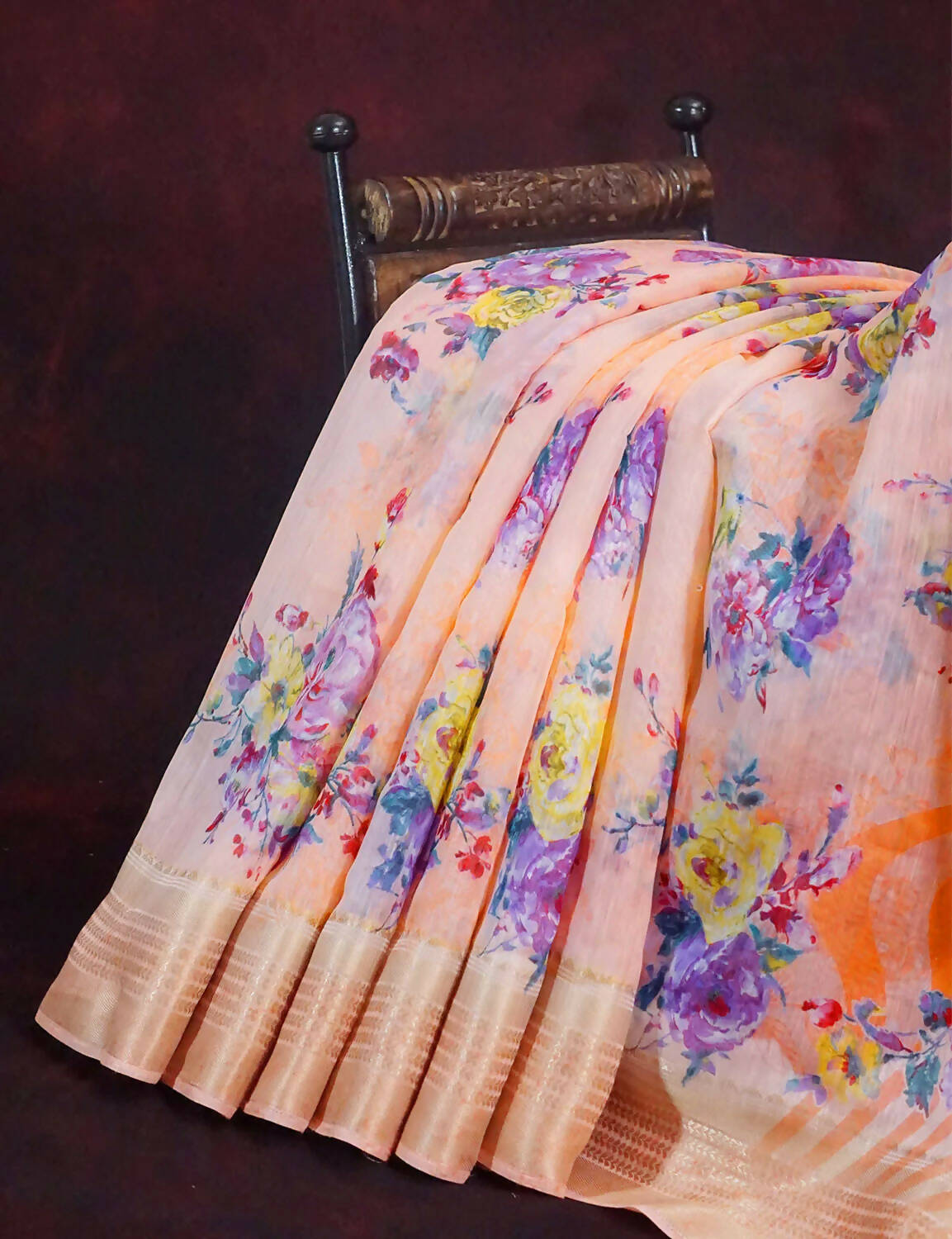 Vibrant Combination of Baby Peach and Orange with Floral Design Semi Chanderi Saree By Gayathri Reddy Designer Studio | Swadesiicart