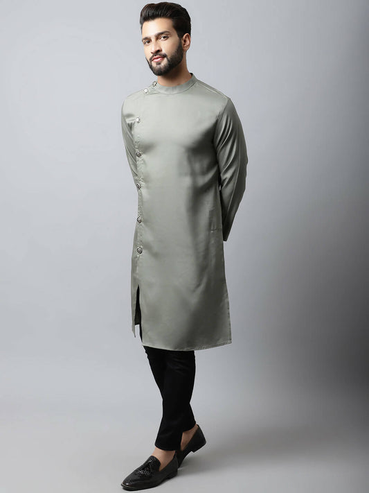 Even Apparels Grey Color Pure Cotton Sherwani Men's Kurta With Asymetrical Cut (SLD1181) | Swadesiicart