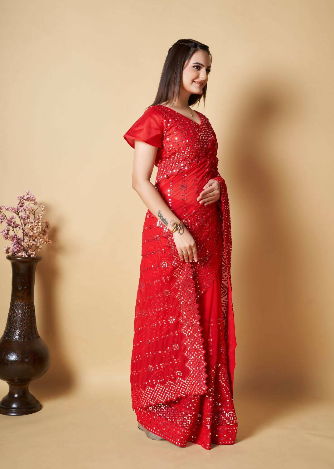 Vamsee Red Georgette Designer Saree - Swadesiicart