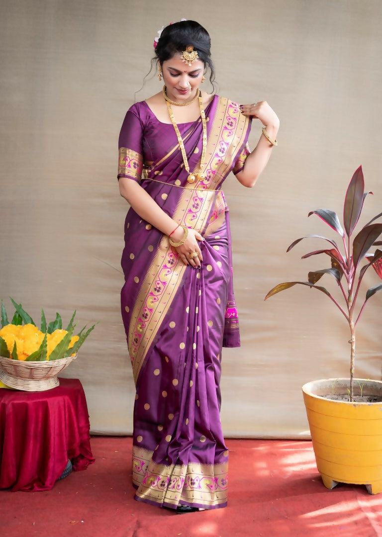 Jyoti Fashion Women's Wine Paithani Silk Zari Woven Saree with Blouse | Swadesiicart