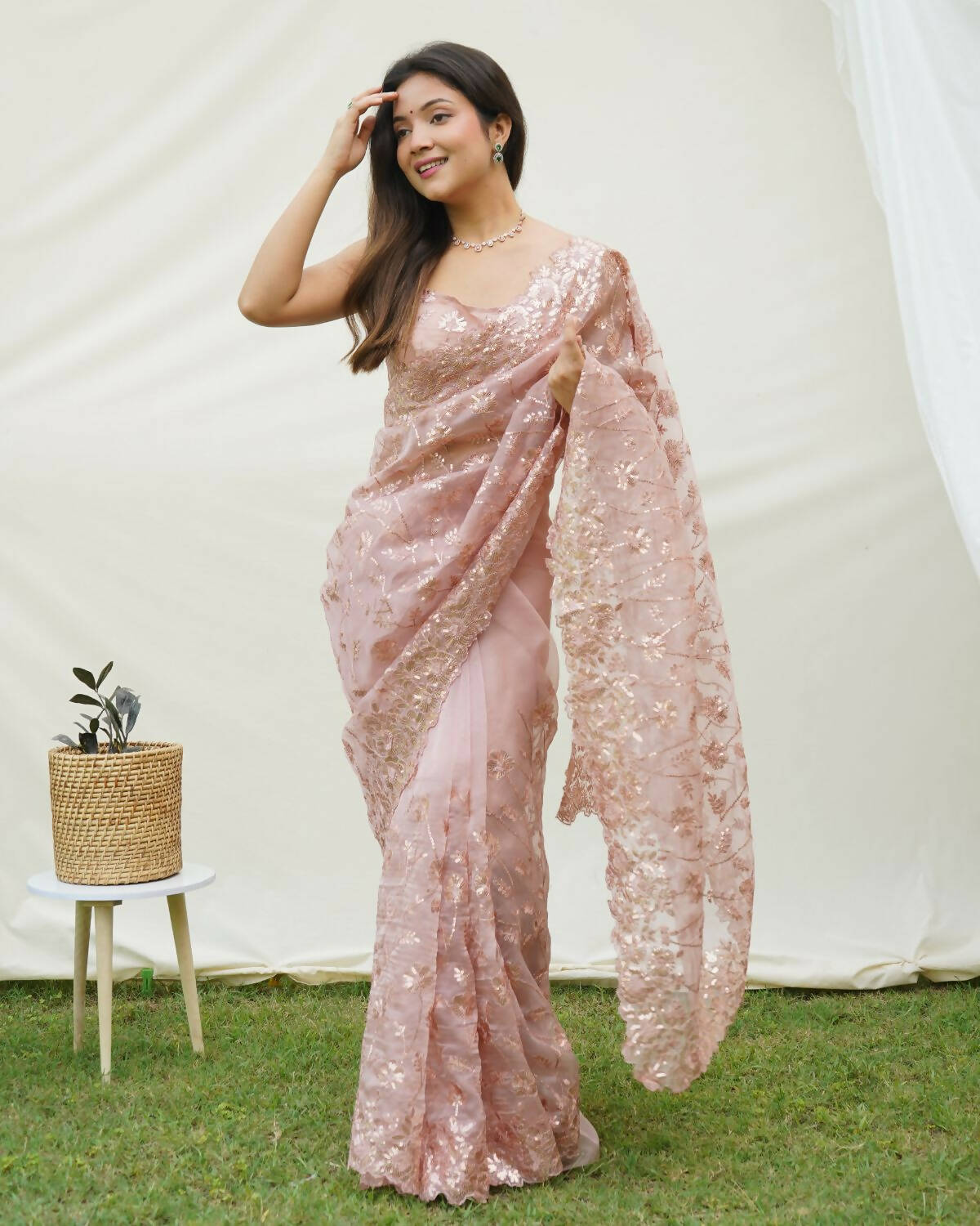 Vamsee Brown Organza Saree - Swadesiicart