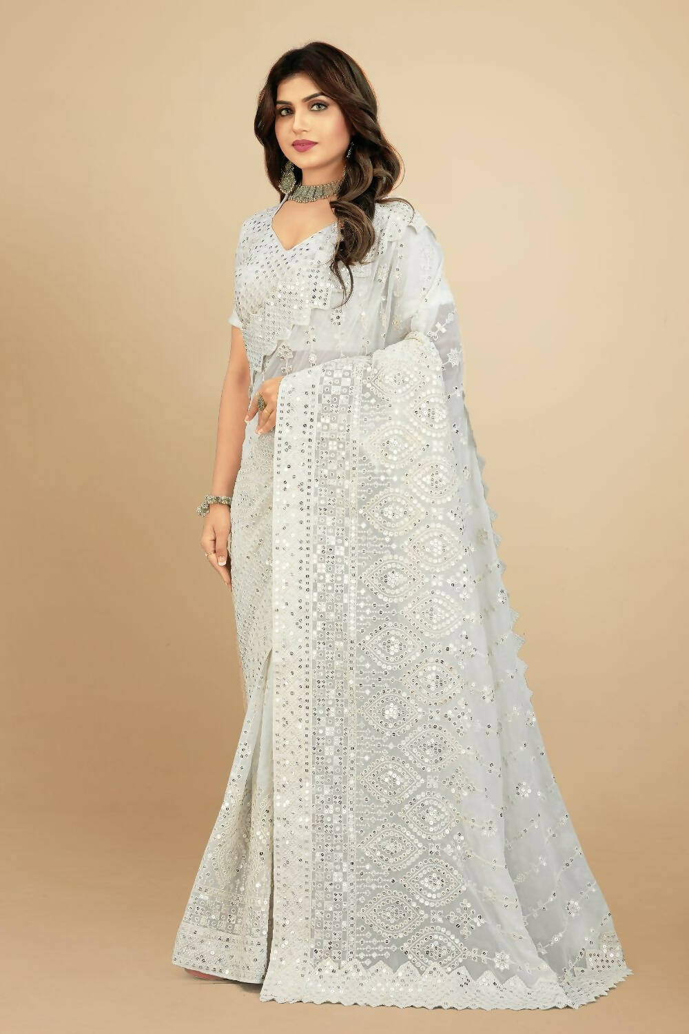 Vamsee White Georgette Designer Saree - Swadesiicart