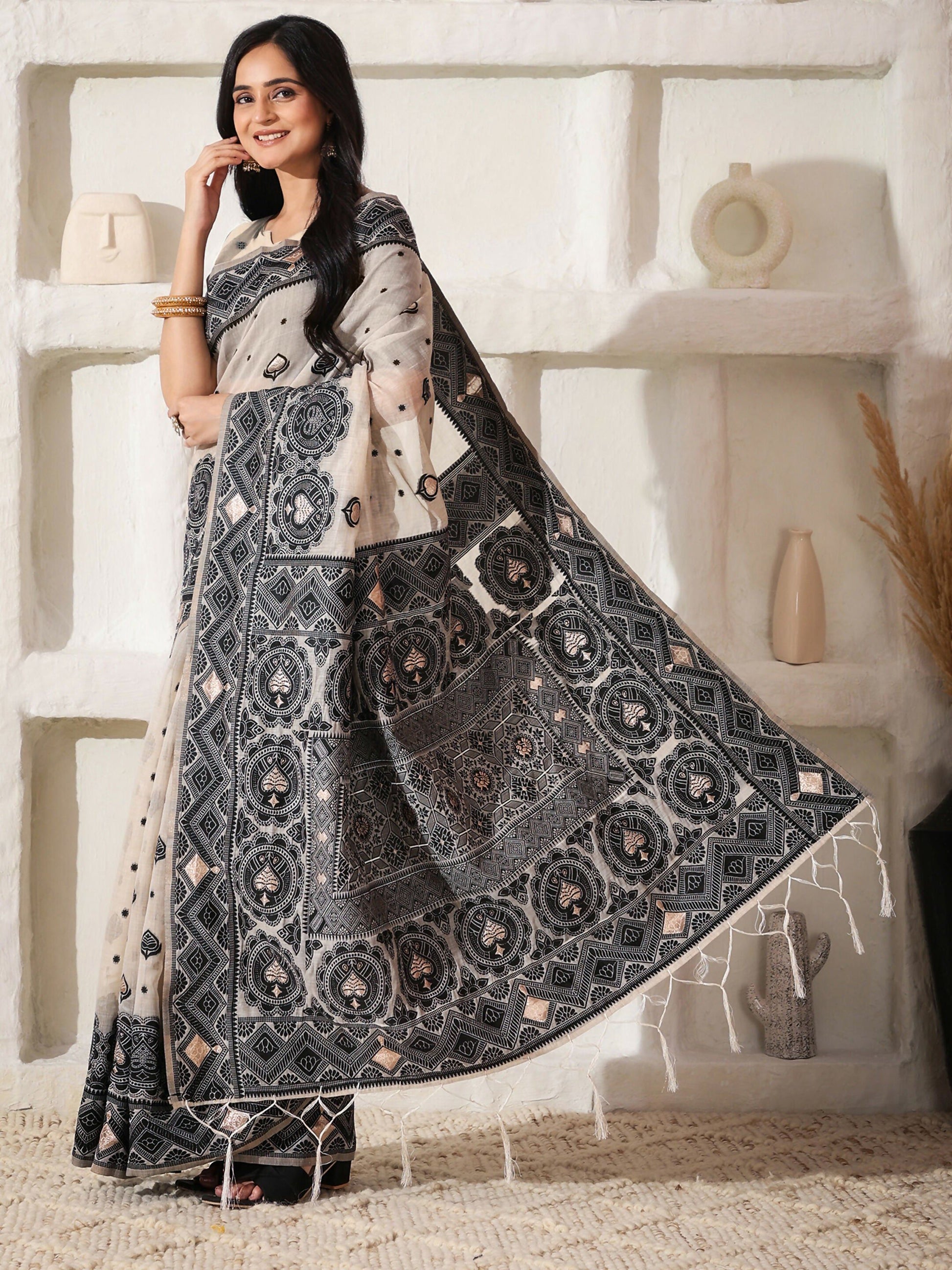 Shree Shyam Fashion Linen Cotton Black & Cream Saree