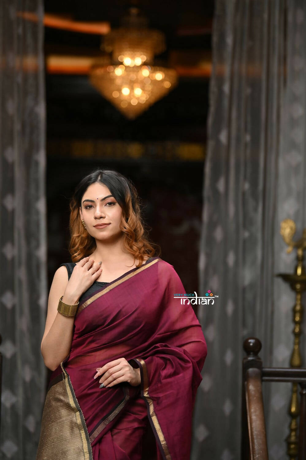 Very Much Indian VMI Exclusive Designer! Handloom Cotton Silk Saree With Sleek Golden Border - Maroon Shade | Swadesiicart