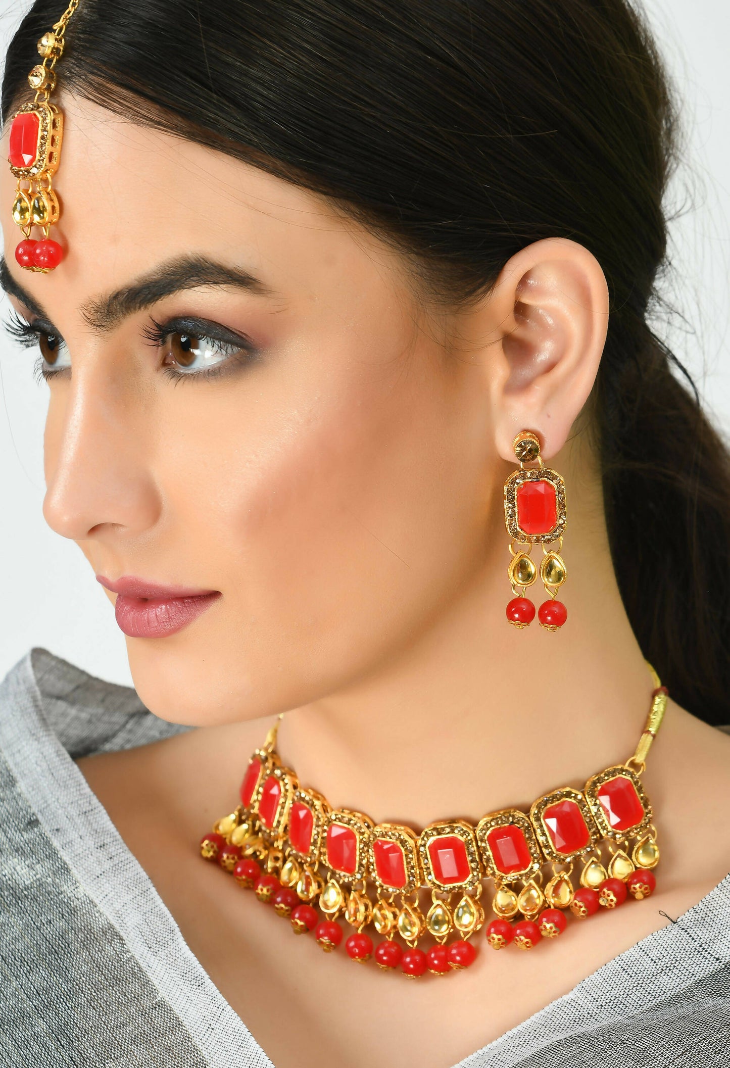 Mominos Fashion Johar Kamal Gold-Polished Brass Finish Kundan/Pearls Choker For Women (Red) | Swadesiicart