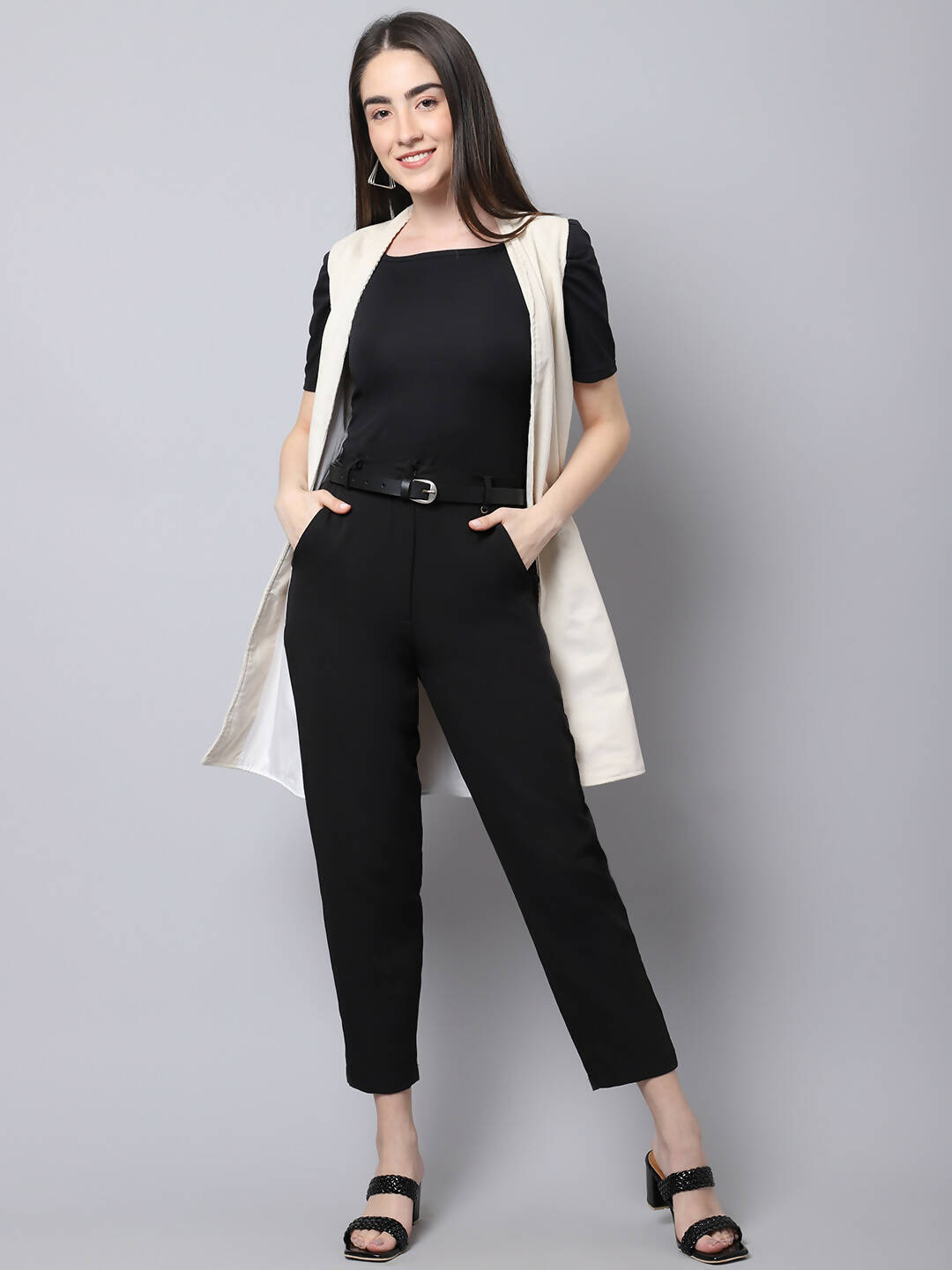 Even Apparels White Polywool Open Front Corduroy Women's Long Coat | Swadesiicart