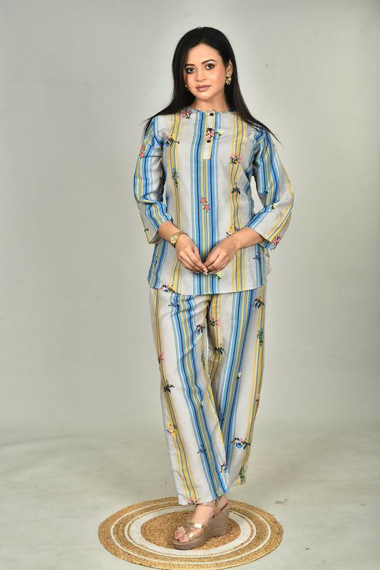 Morchari Digital Print Semi Muslin Co-Ord Set Top & Trouser-Multicolor - Swadesiicart