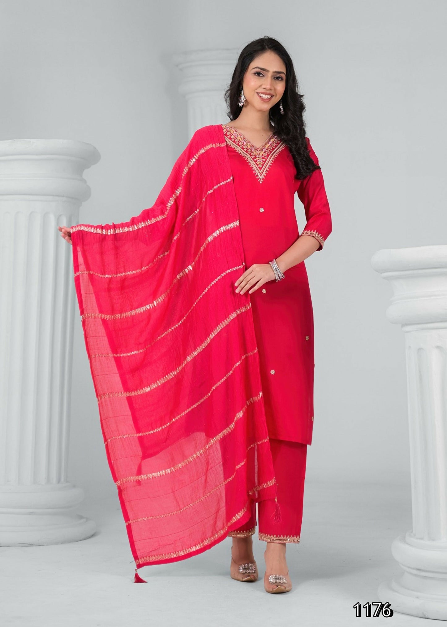 Ethnic Festive Wear Reyon Red Stitched Suit With Dupatta - Tanisha - Swadesiicart