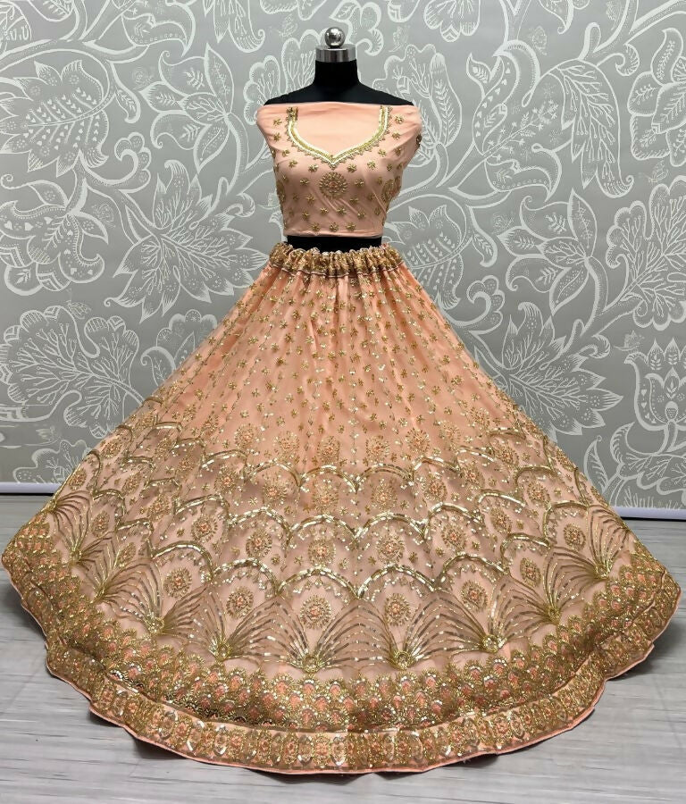 Jyoti Fashion Women's Peach Bridal Net Fancy Sequins with Multi Thread Embroidered & Handwork Wedding Lehenga Choli | Swadesiicart