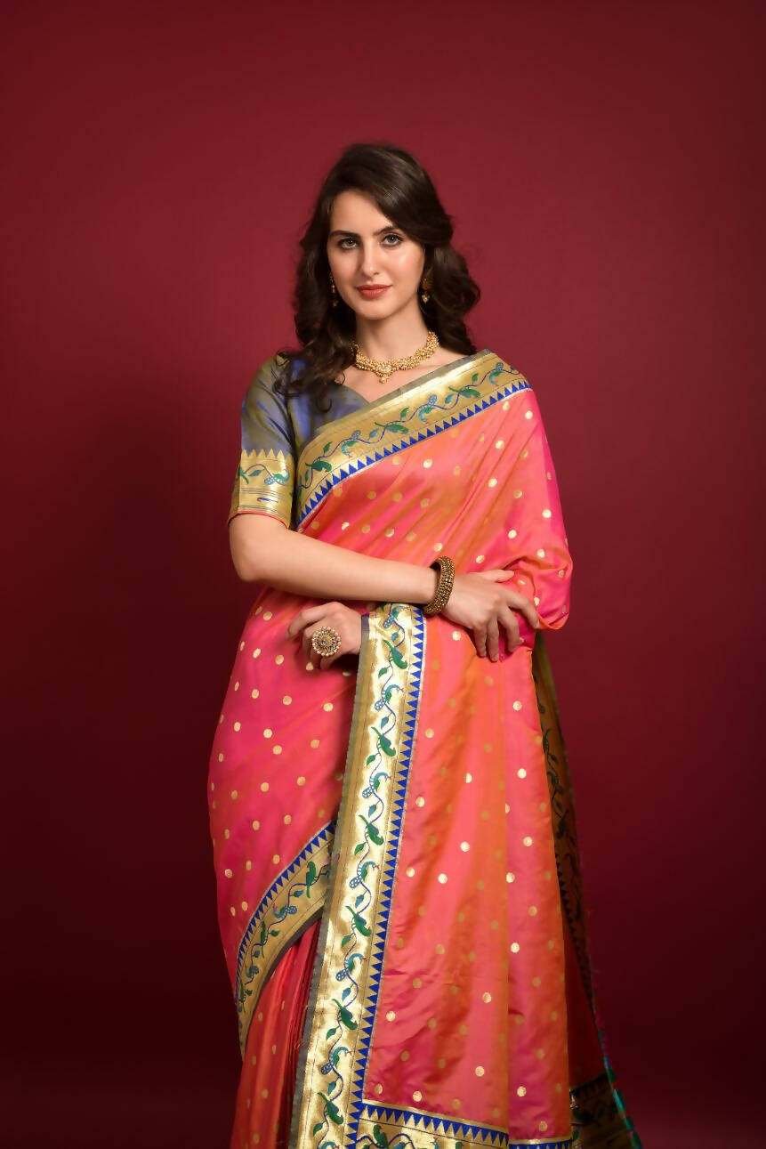 Vishnu Weaves Women's Pink Paithani Silk Zari Woven Saree with Unstitched Blouse - Swadesiicart
