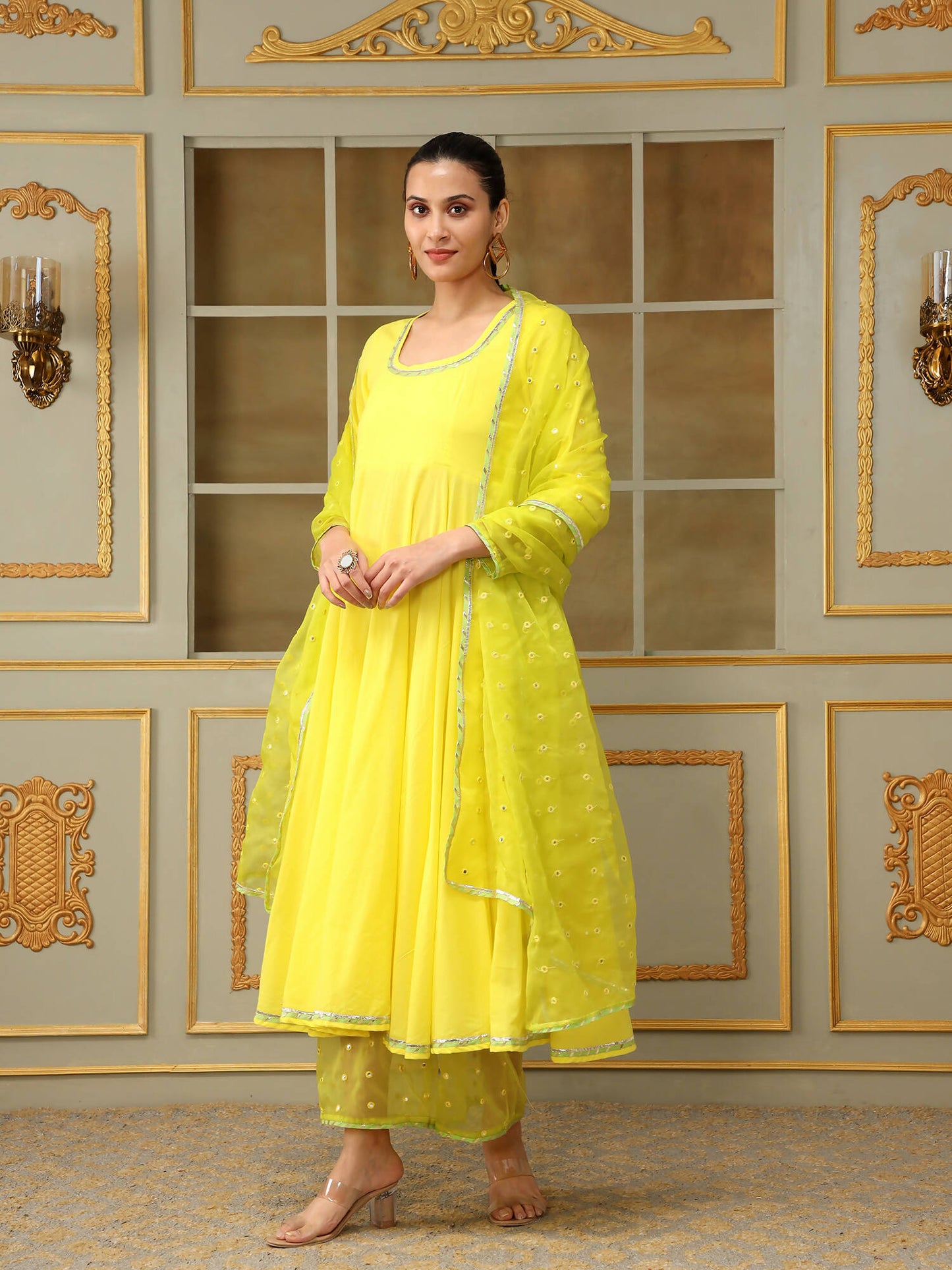 Pomcha Jaipur Yellow Saadgi Yellow Mirror Work Anarkali Set | Swadesiicart