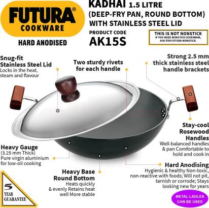 Hawkins Futura Hard Anodised Kadhai 22 cm Diameter with Lid 1.5 L (AK15S) - Swadesiicart