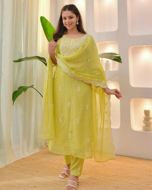 The52 Lemons Women's Beautiful Chikankari Work Chanderi Fabric Straight Kurta Pant and Dupatta Set - Swadesiicart