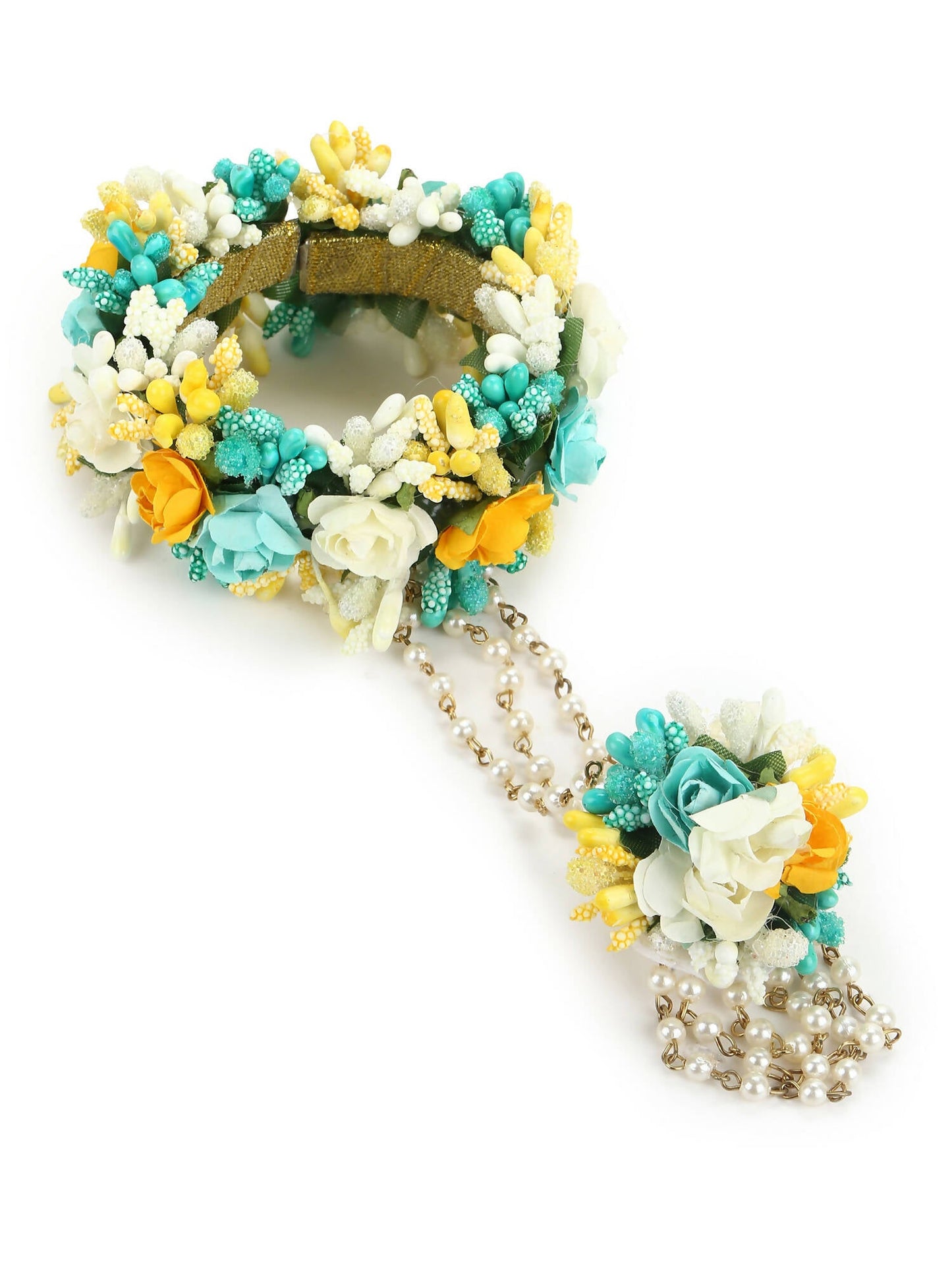 Flower Jewellery Gold-Polished Turquoise Blue Floral Jewellery Set - Ruby Raang - Swadesiicart