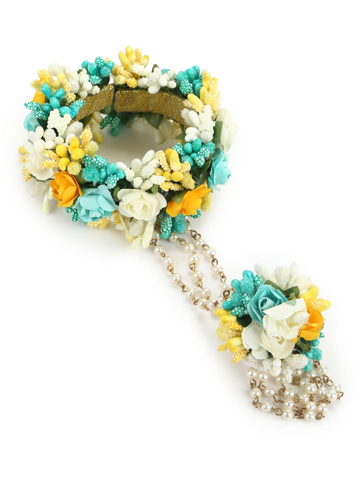 Flower Jewellery Gold-Polished Turquoise Blue Floral Jewellery Set - Ruby Raang - Swadesiicart