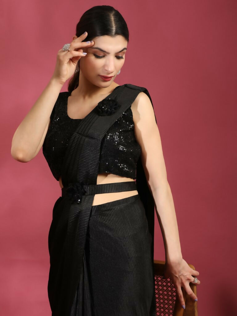 Black Imported Crush Lycra Texture Pattern Ready to Wear Saree with stitched Blouse - Nirvana | Swadesiicart