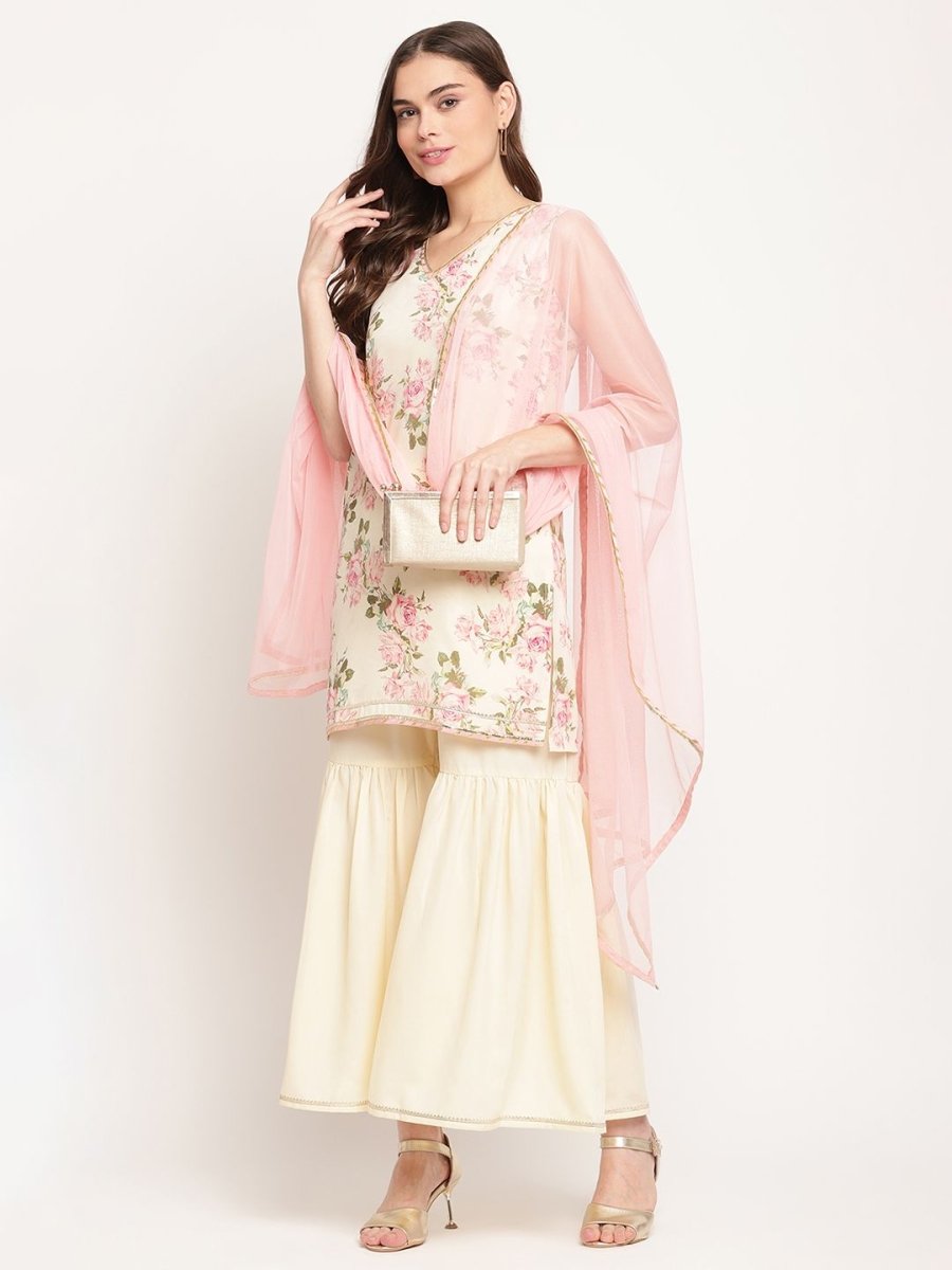 Ahalyaa Women's Beige Crepe Digital Floral Print Kurta Sharara Set with Dupatta | Swadesiicart