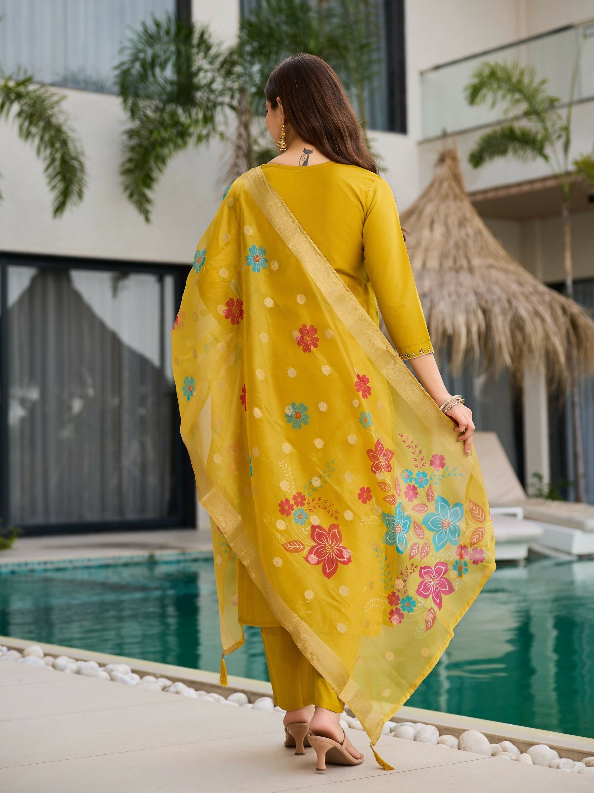 The52 Yellow Women's Gorgeous Embroidered work Viscose Gadhwal Fabric Straight Kurta, Pant and Dupatta Set - Swadesiicart