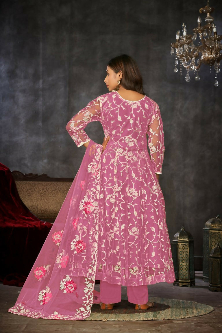 Jyoti Fashion Women's Pink Net Embroidered Anarkali Kurta Pant Set With Dupatta | Swadesiicart