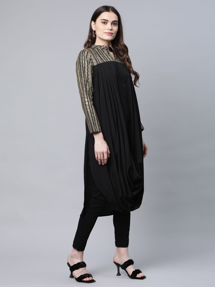 Ahalyaa Womens Black Crepe Rubber Print Cowl Style Kurta | Swadesiicart