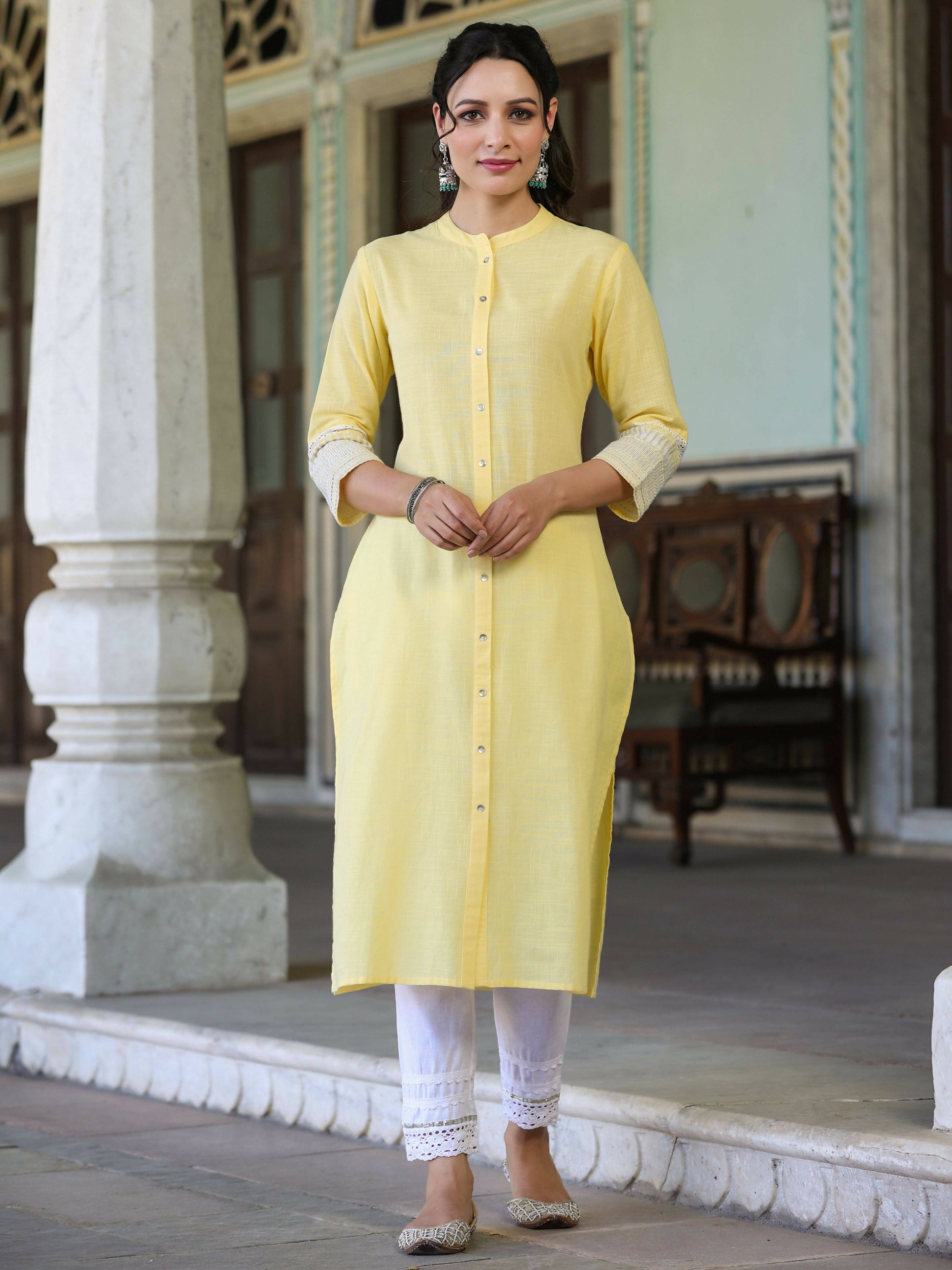 Juniper Women's Yellow Cotton Slub Embroidered Straight Kurta | Swadesiicart