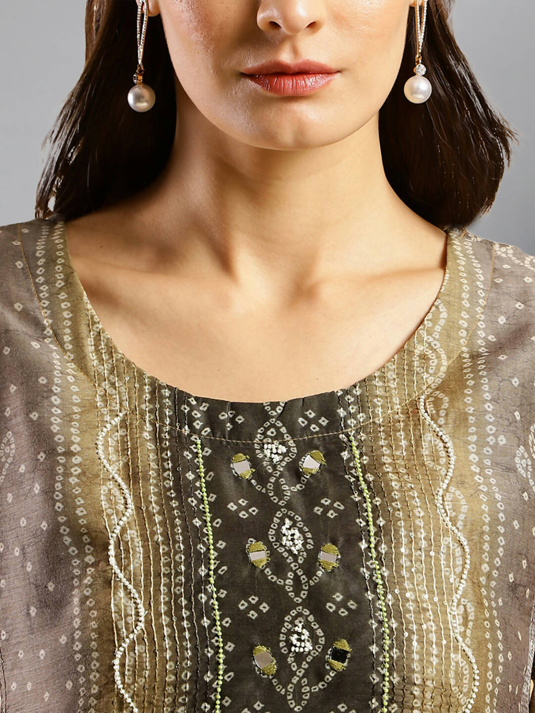Brown Chinon Digital Printed With Hand Work Kurta - Himanshi - Swadesiicart