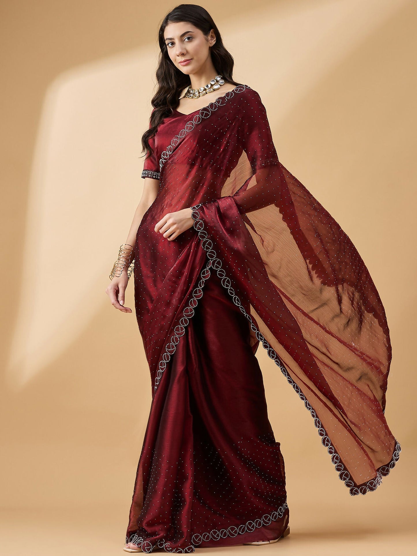 Brown Organza Swaroski Diamond Work Saree with Unstitched Blouse - Radha