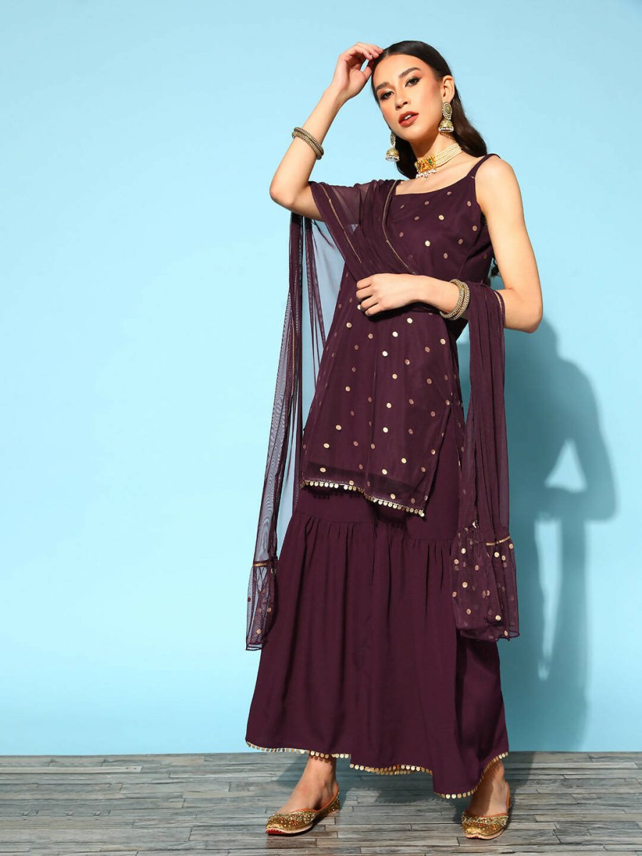Ahalyaa Women Wine Colour Crepe Gold Printed Kurta Sharara Set | Swadesiicart