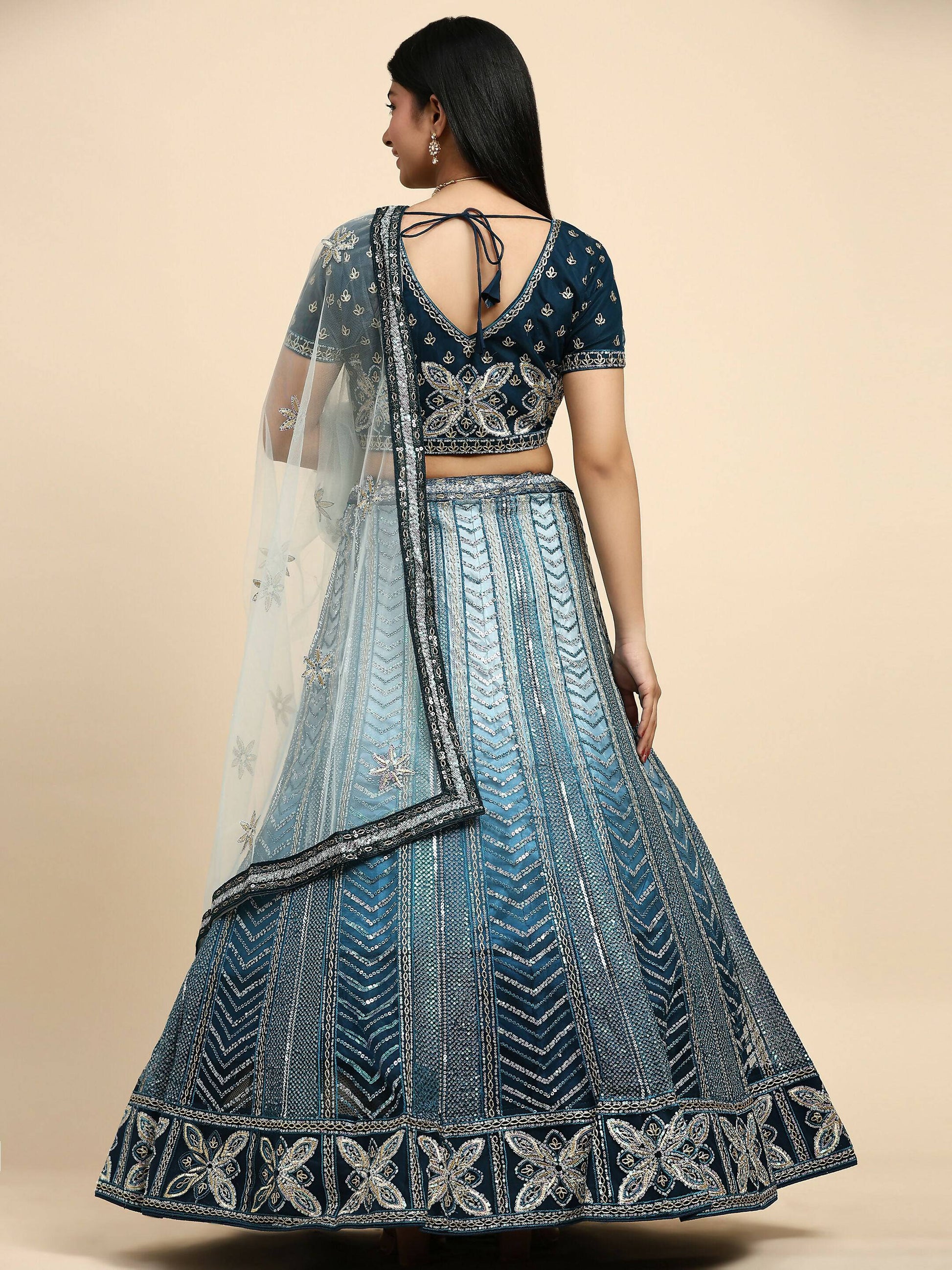 Blue Fancy Net Sequence Embroidered Lehenga Choli with Dupatta - Dhara | Swadesiicart