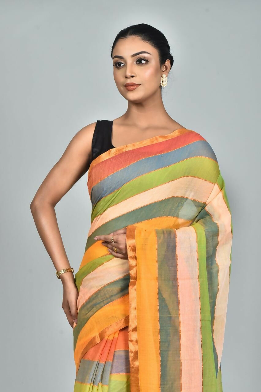 Exclusive Collection Beautiful Multi3 Pure Cotton Woven Handloom Saree With Running Blouse Piece - Swadesiicart