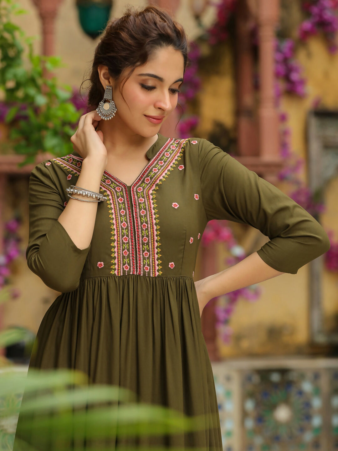 Janasya Olive Rayon Embroidered Kurta & Bottom | Swadesiicart