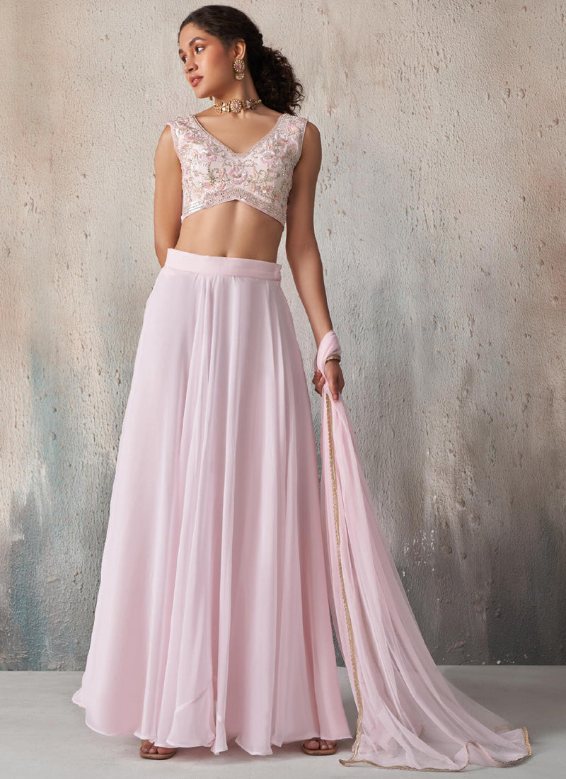 Vegaa Fashion Light Pinkgeorgette Western Plazzo Style Lehenga - Swadesiicart