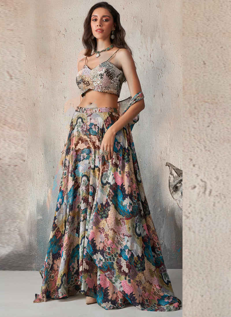 Vegaa Fashion Blue Chinon Western Plazzo Style Lehenga - Swadesiicart