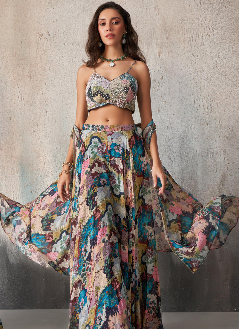 Vegaa Fashion Blue Chinon Western Plazzo Style Lehenga - Swadesiicart