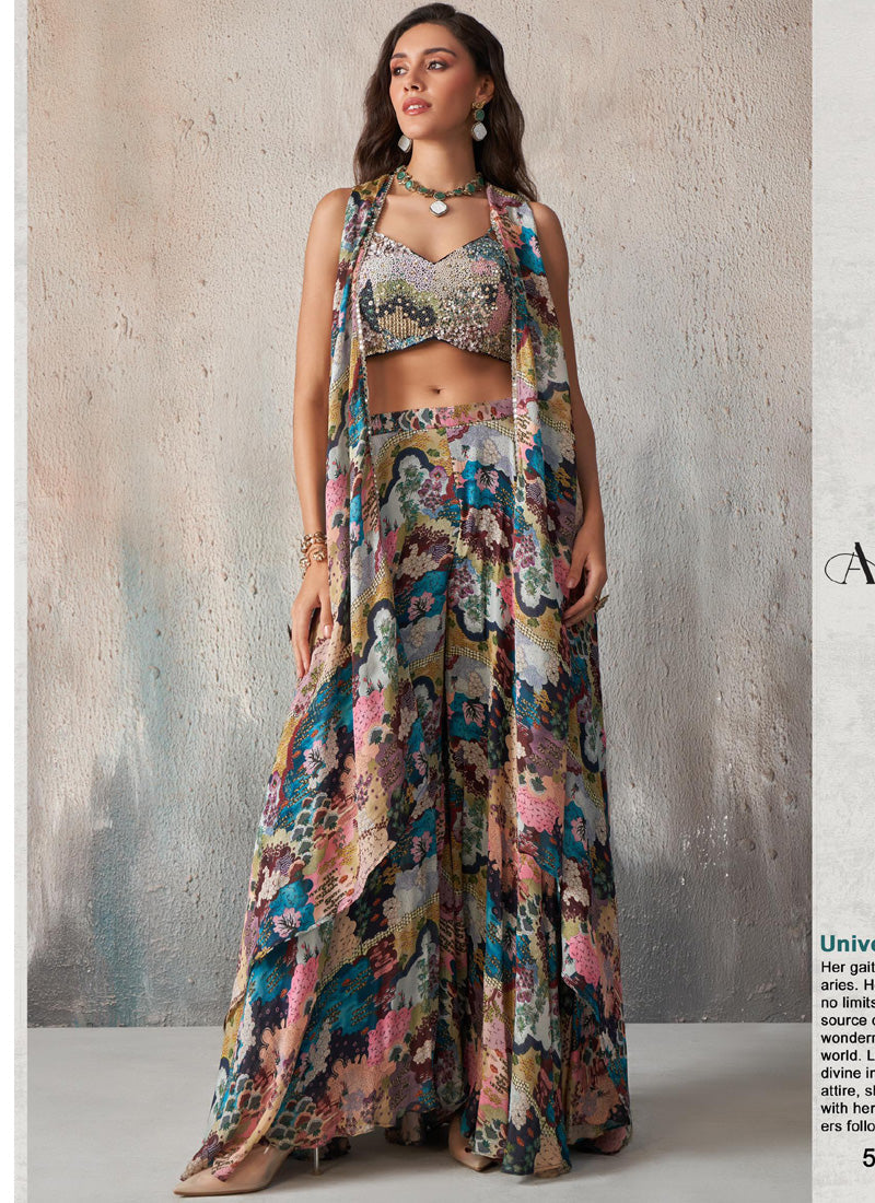 Vegaa Fashion Blue Chinon Western Plazzo Style Lehenga - Swadesiicart