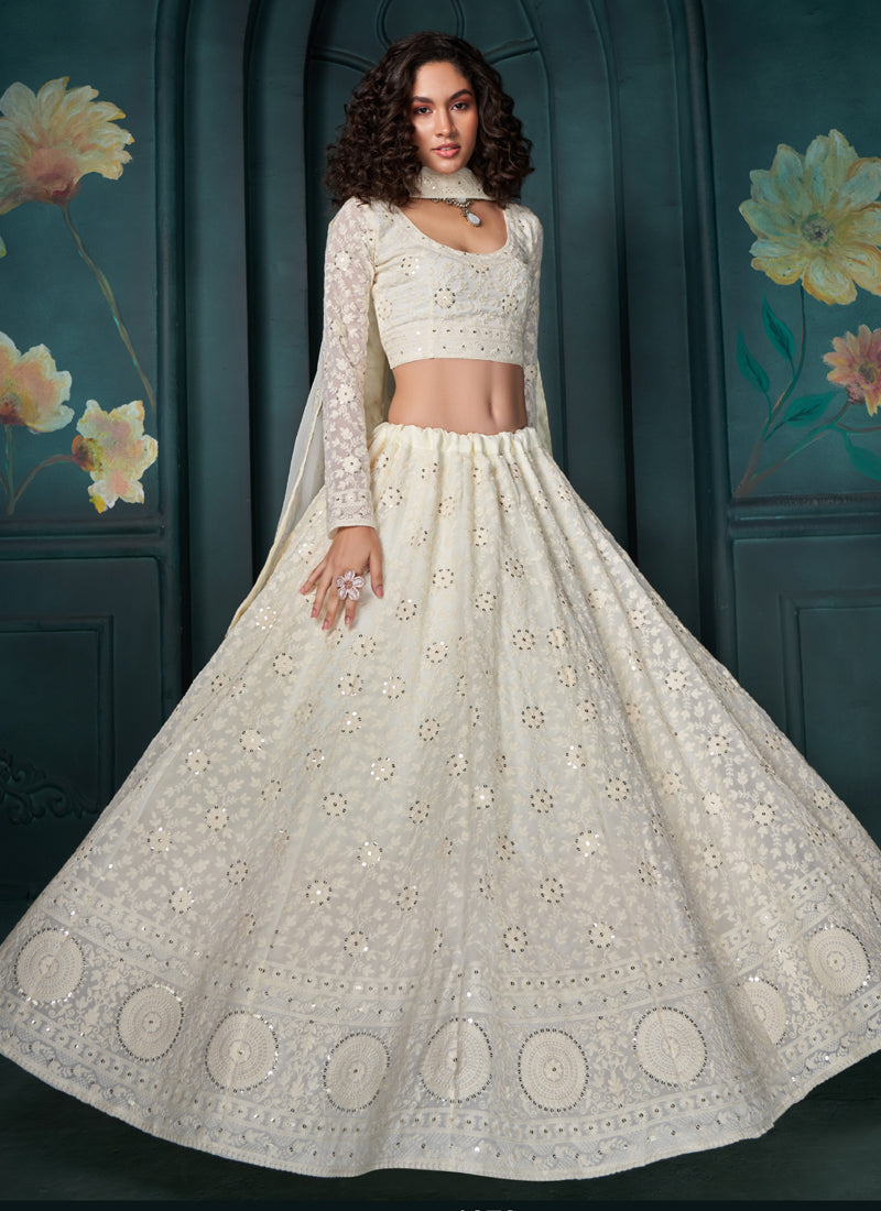 Vegaa Fashion Off White Georgette Embroidered Wedding Lehenga - Swadesiicart