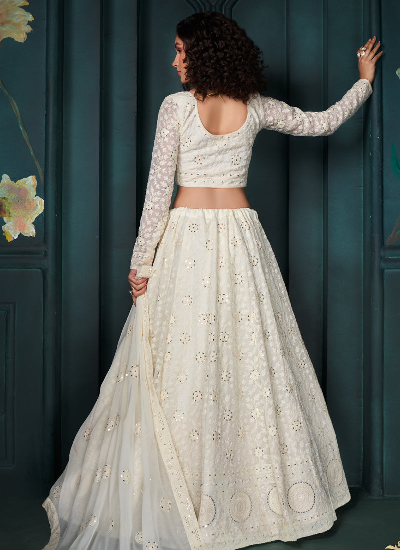 Vegaa Fashion Off White Georgette Embroidered Wedding Lehenga - Swadesiicart