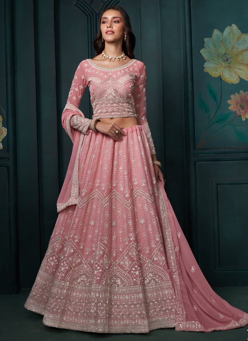 Vegaa Fashion Pink Georgette Embroidered Wedding Lehenga - Swadesiicart