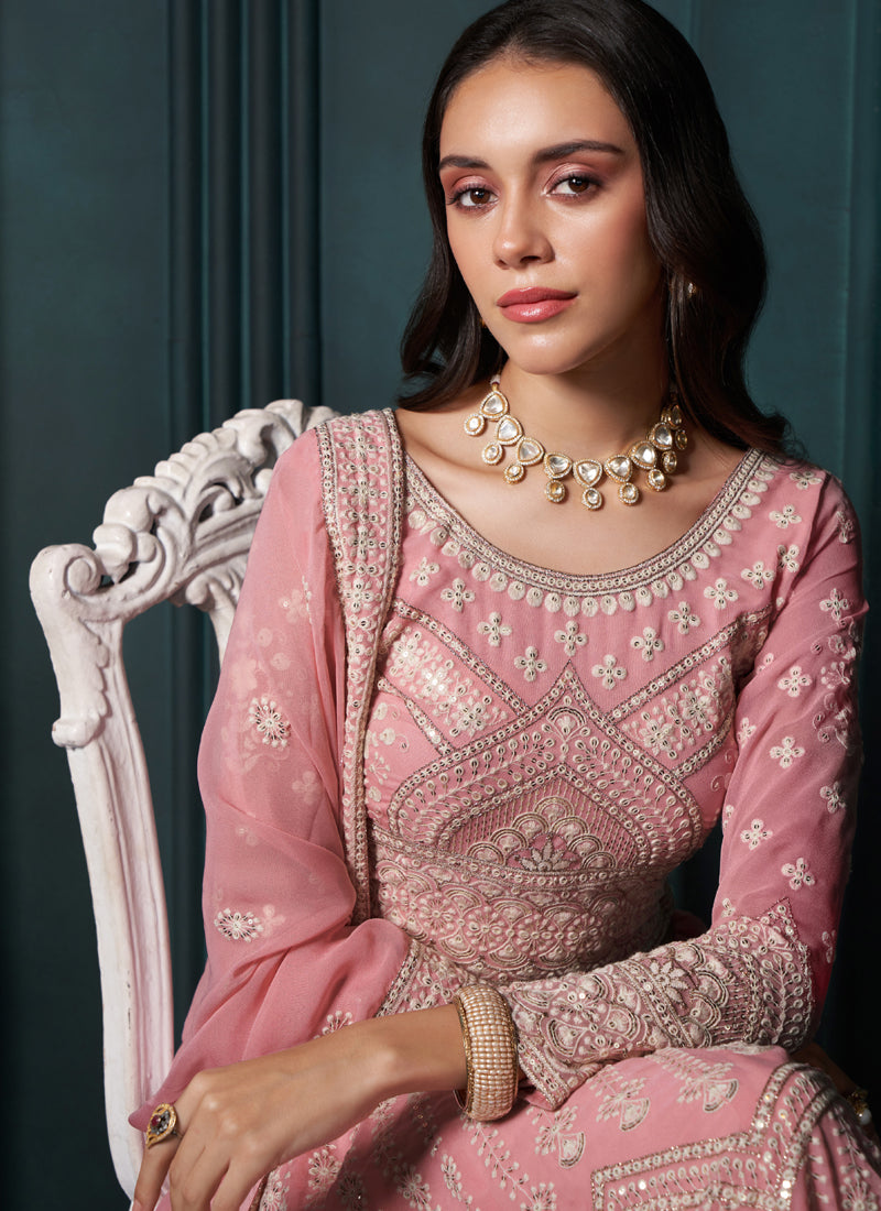 Vegaa Fashion Pink Georgette Embroidered Wedding Lehenga - Swadesiicart