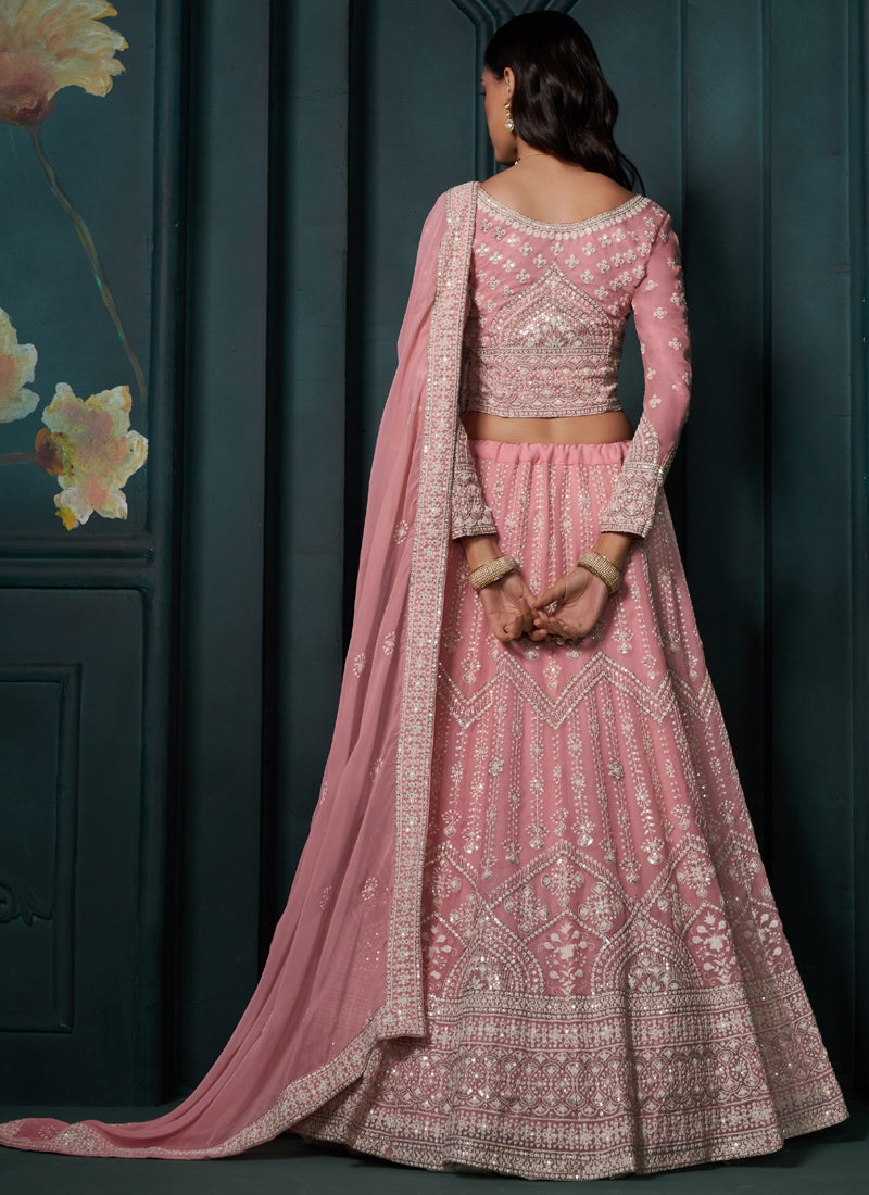 Vegaa Fashion Pink Georgette Embroidered Wedding Lehenga - Swadesiicart