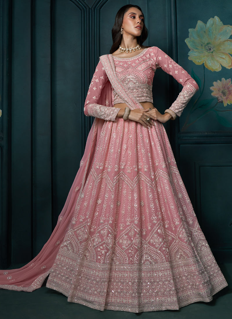 Vegaa Fashion Pink Georgette Embroidered Wedding Lehenga - Swadesiicart