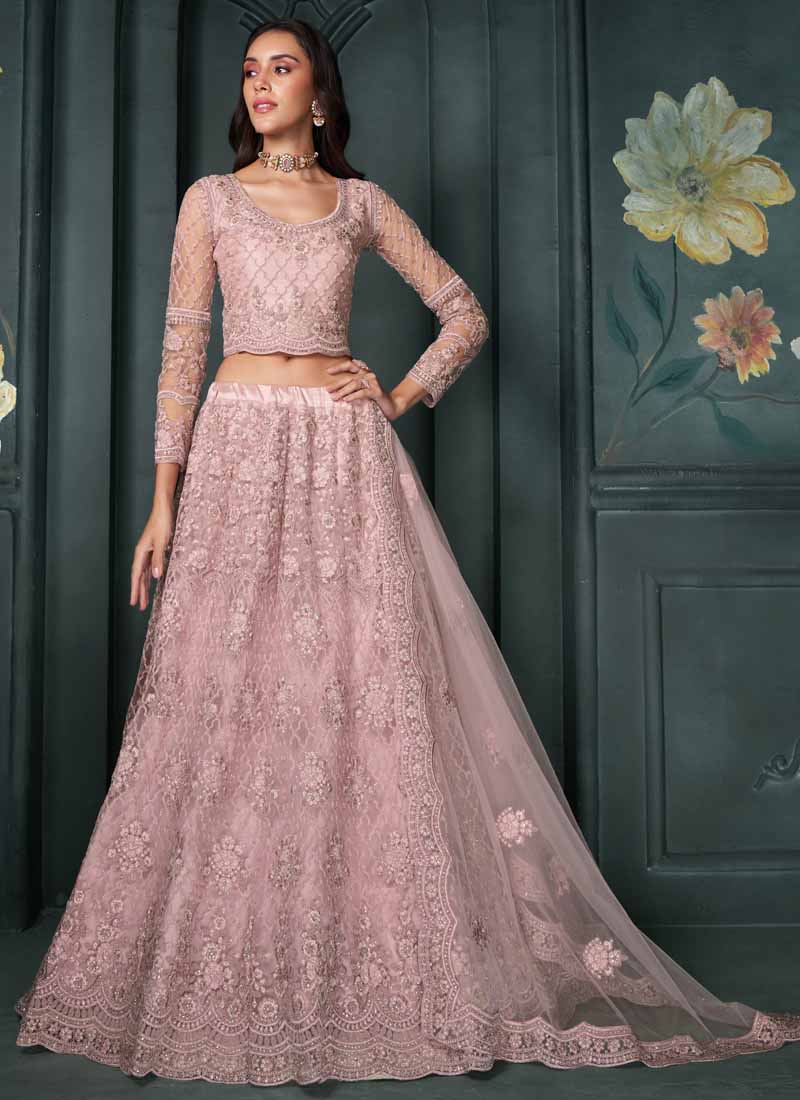Vegaa Fashion Designer Dusty Pink Net Embroidery Bridal Lehenga - Swadesiicart