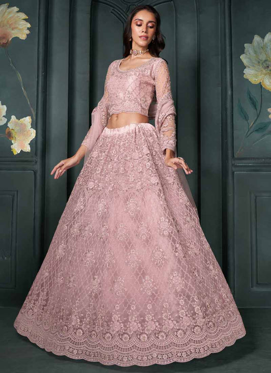 Vegaa Fashion Designer Dusty Pink Net Embroidery Bridal Lehenga - Swadesiicart