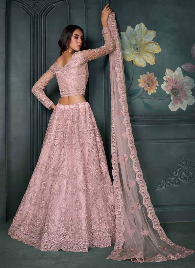 Vegaa Fashion Designer Dusty Pink Net Embroidery Bridal Lehenga - Swadesiicart